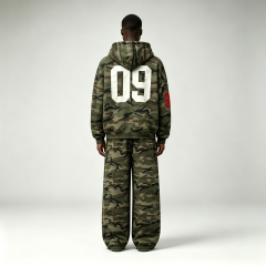 Custom Camouflage Silk Screen Printing Applique Embroidery Heavyweight Fleece Full Zip 2 Pieces Boxy Men's 100% Cotton Winter