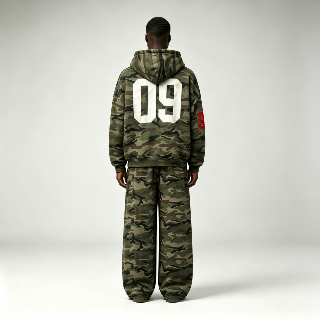 Custom Camouflage Silk Screen Printing Applique Embroidery Heavyweight Fleece Full Zip 2 Pieces Boxy Men's 100% Cotton Winter