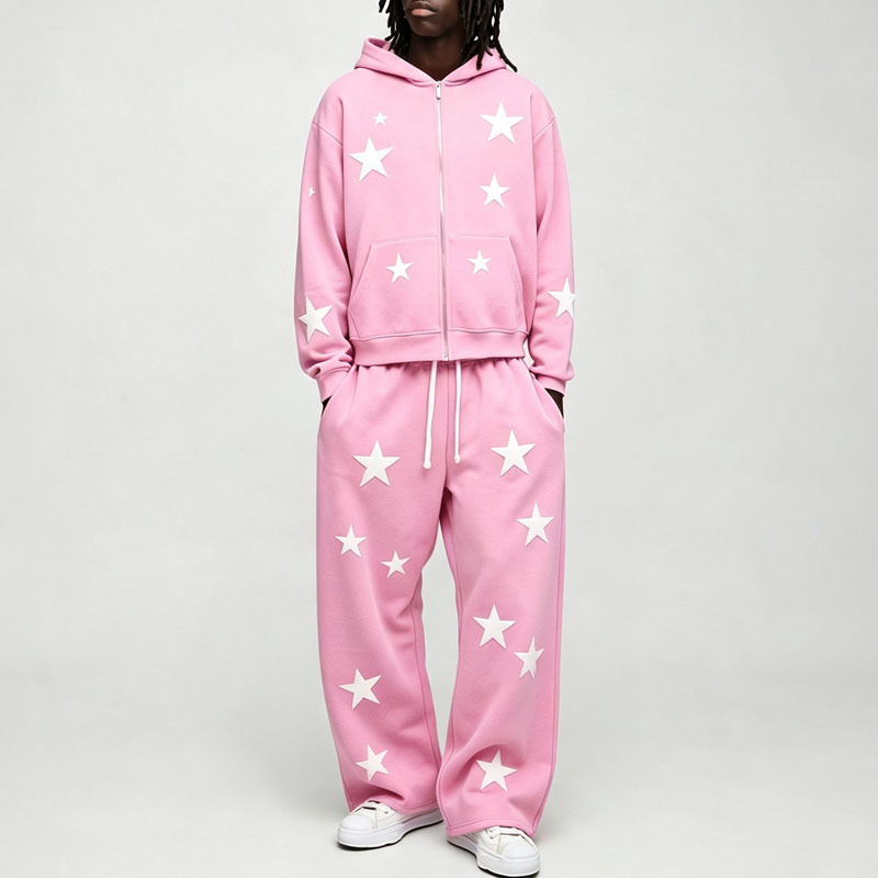 Custom Applique Embroidery 2 Pieces Regular Fit Wide Leg Drawstring Hooded Casual Urban Streetwear Men's Full Zip Tracksuit Set