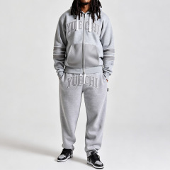Custom Men's Heather Grey Fleece Hooded Zip up Tracksuit Boxy Fit Applique Dtg Printing Wide Leg Pant Streetwear 2 Piece Outfit