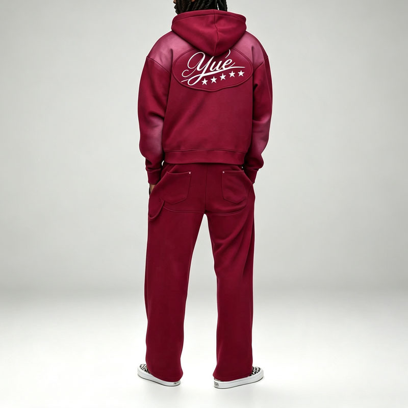 Custom Sun Faded Screen Print Red 100% Cotton French Terry 2 Pieces Full Zip Boxy Fit Baggy Apparel Men's Casual Tracksuit Set