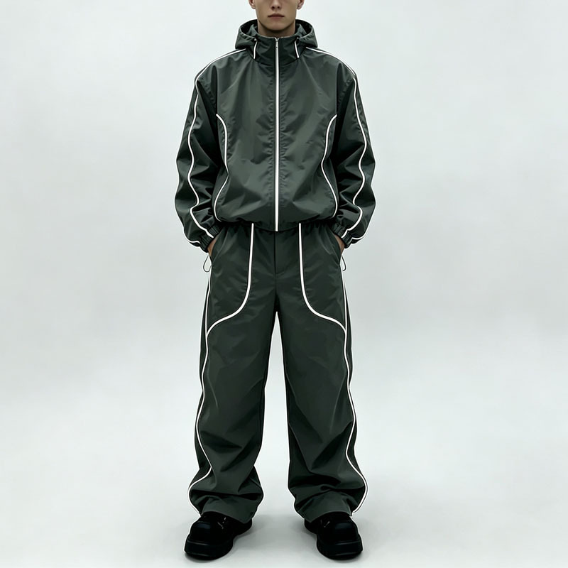 Custom Polyester Zip up Blank Oversized Tracksuit Reflective Waterproof Windproof Nylon Jacket and Track Pants Jogger Sets