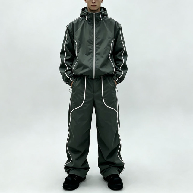 Custom Polyester Zip up Blank Oversized Tracksuit Reflective Waterproof Windproof Nylon Jacket and Track Pants Jogger Sets