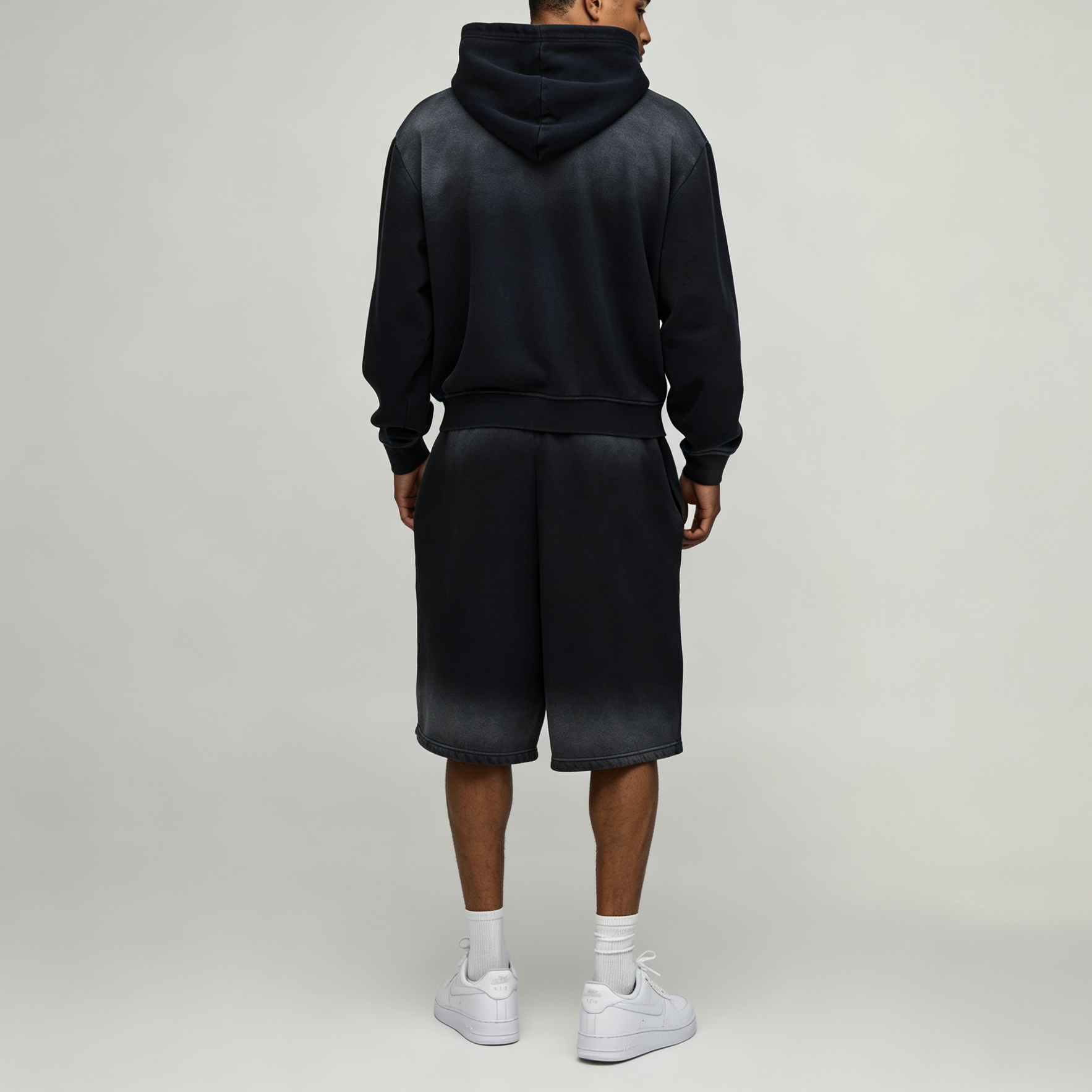 Custom Sun Faded Embroidery Full Zip Hoodie Knee Length Shorts 2 Pieces Washed Black Cotton French Terry Men's Casual Tracksuit