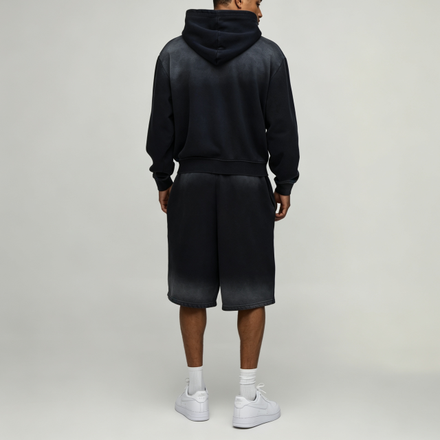 Custom Sun Faded Embroidery Full Zip Hoodie Knee Length Shorts 2 Pieces Washed Black Cotton French Terry Men's Casual Tracksuit
