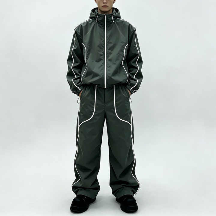 Custom Polyester Zip up Blank Oversized Tracksuit Reflective Waterproof Windproof Nylon Jacket and Track Pants Jogger Sets