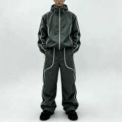 Custom Polyester Zip up Blank Oversized Tracksuit Reflective Waterproof Windproof Nylon Jacket and Track Pants Jogger Sets