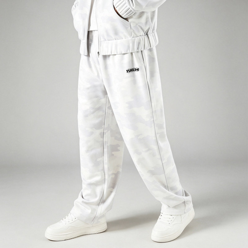 Men All Over Light White Camo Full Zip Hooded Tracksuit Oversized Fit Flock Print Embroidery Wide Leg Streetwear Two Piece Set