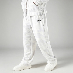 Men All Over Light White Camo Full Zip Hooded Tracksuit Oversized Fit Flock Print Embroidery Wide Leg Streetwear Two Piece Set