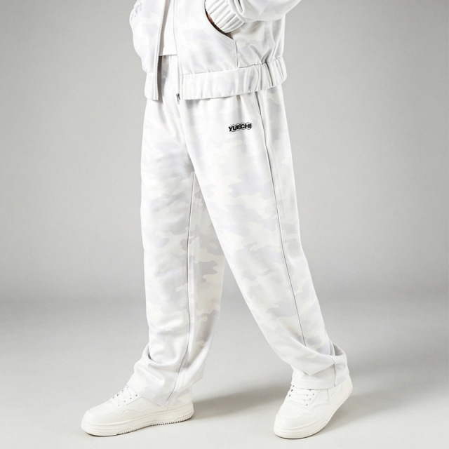 Men All Over Light White Camo Full Zip Hooded Tracksuit Oversized Fit Flock Print Embroidery Wide Leg Streetwear Two Piece Set