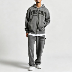 Custom Men Oversized Fit Full Zip Hoodie Tracksuit 100% Cotton French Terry Washed Distressed Applique Embroidery Wide Leg
