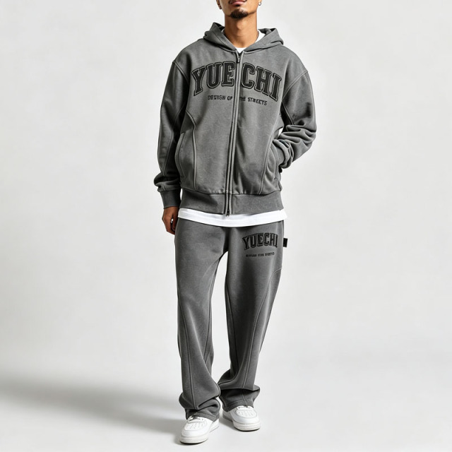 Custom Men Oversized Fit Full Zip Hoodie Tracksuit 100% Cotton French Terry Washed Distressed Applique Embroidery Wide Leg