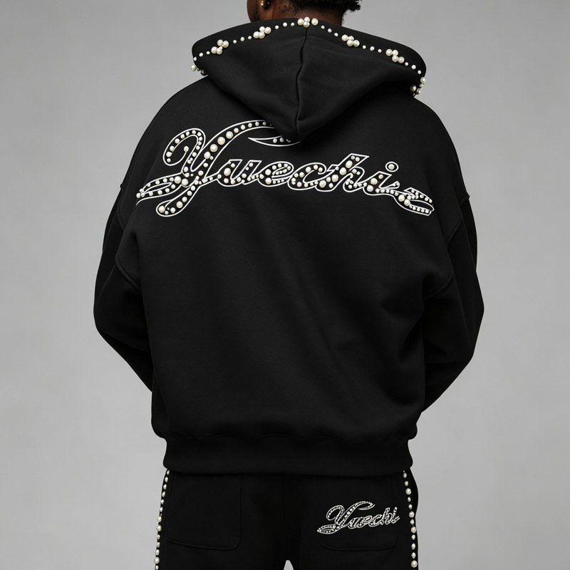 Streetwear Mens Full Zip Tracksuit Black 100% Cotton Jersey Drop Shoulder Hoodie Beaded Embroidered Baggy Wide Leg Sweatpants