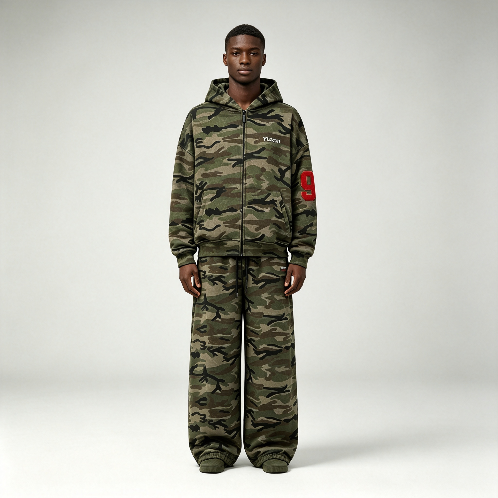 Custom Camouflage Silk Screen Printing Applique Embroidery Heavyweight Fleece Full Zip 2 Pieces Boxy Men's 100% Cotton Winter