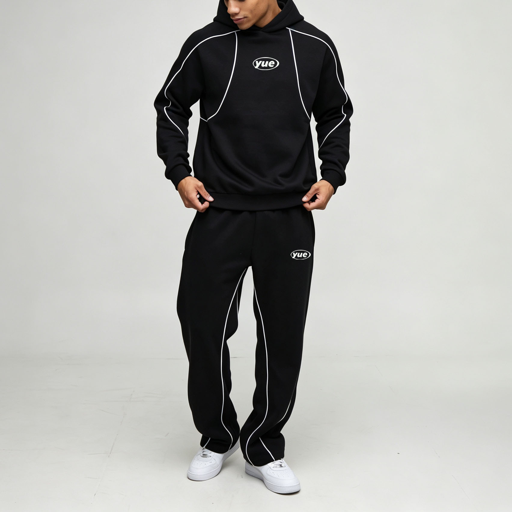 Custom Sets French Terry Puff Printing 100% Cotton Contrast Piping Pullover Hoodie Set Wide Leg Pants 2 Pieces Men's Tracksuit Set,Leading Custom Apparel Manufacturer | Your Trusted China Sourcing Partner | YC/YUECHI,Custom French Terry Puff Printing 100% Cotton Contrast Piping Pullover Hoodie Wide Leg Pants 2 Pieces Men's Tracksuit Set