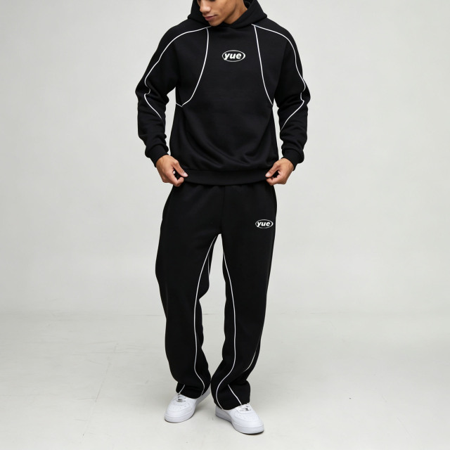 Custom Sets French Terry Puff Printing 100% Cotton Contrast Piping Pullover Hoodie Set Wide Leg Pants 2 Pieces Men's Tracksuit Set,Leading Custom Apparel Manufacturer | Your Trusted China Sourcing Partner | YC/YUECHI,Custom French Terry Puff Printing 100% Cotton Contrast Piping Pullover Hoodie Wide Leg Pants 2 Pieces Men's Tracksuit Set