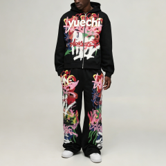 Custom Puff Printing 100% Cotton Fleece Winter Street Art Full Zip Boxy Fit Baggy 2 Pieces Black Men's Graffiti Tracksuit Set