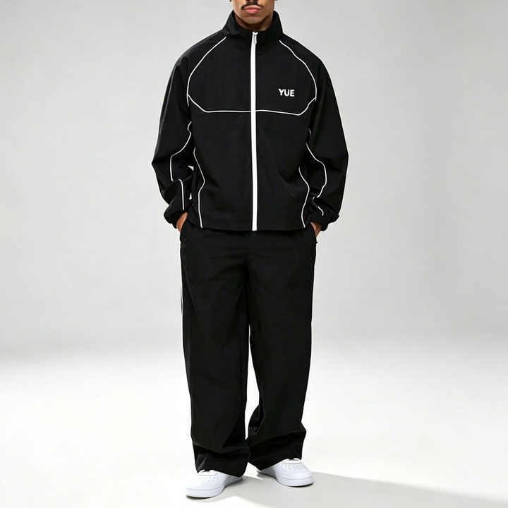 Custom Sets Contrast Piping Screen Print Windbreaker 2 Pieces Wide Leg Baggy Nylon Jacket Set Trousers Men's Urban Techwear Set,Leading Custom Apparel Manufacturer | Your Trusted China Sourcing Partner | YC/YUECHI,Custom Contrast Piping Screen Print Windbreaker 2 Pieces Wide Leg Baggy Nylon Jacket Trousers Men's Urban Techwear Set
