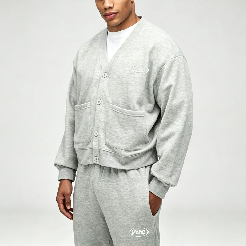 Custom Button Cardigan V-Neck Winter Streetwear 2-Piece Boxy Fit Wide Leg Cotton Fleece Grey Brown Men's Sportswear Tracksuit