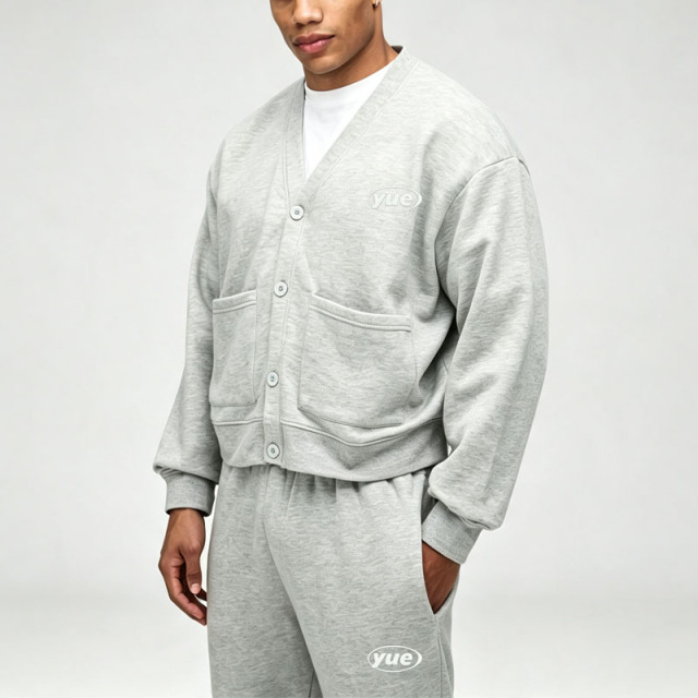 Custom Button Cardigan V-Neck Winter Streetwear 2-Piece Boxy Fit Wide Leg Cotton Fleece Grey Brown Men's Sportswear Tracksuit
