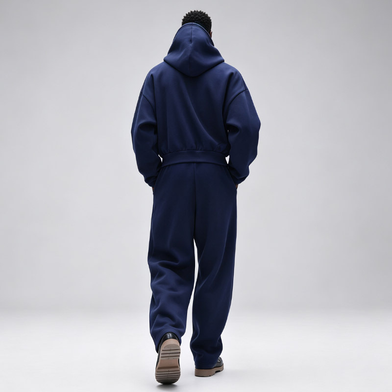 Men Cropped Hoodie Wide Leg Sweatpants Tracksuit Navy Heavyweight French Terry Letter Embroidery Streetwear Casual Two Piece Set
