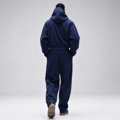 Men Cropped Hoodie Wide Leg Sweatpants Tracksuit Navy Heavyweight French Terry Letter Embroidery Streetwear Casual Two Piece Set