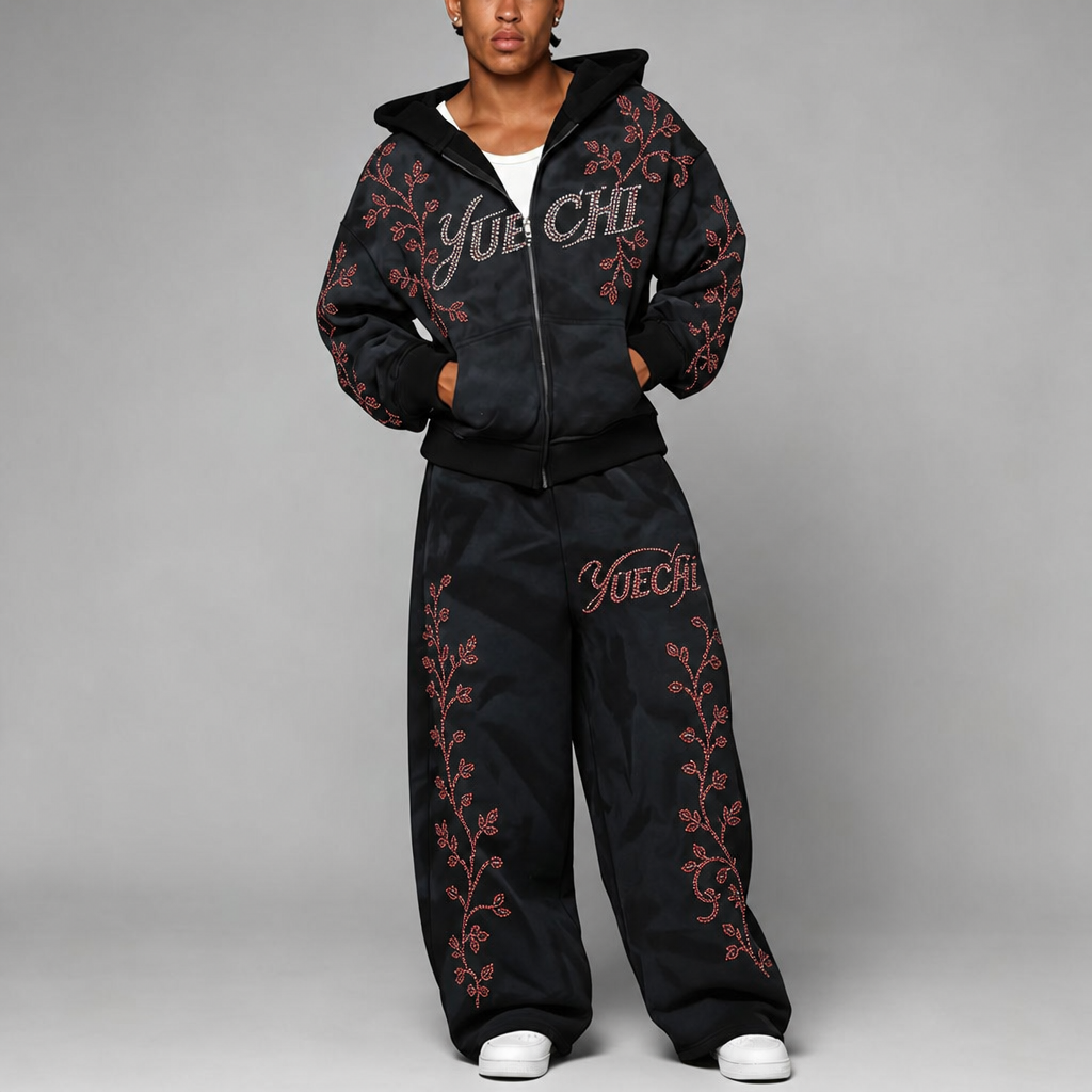 Custom Vintage Wash Mens Black Full Zip French Terry Hoodie Oversized Box Fit Dropped Shoulder Red Rhinestone Street Tracksuit