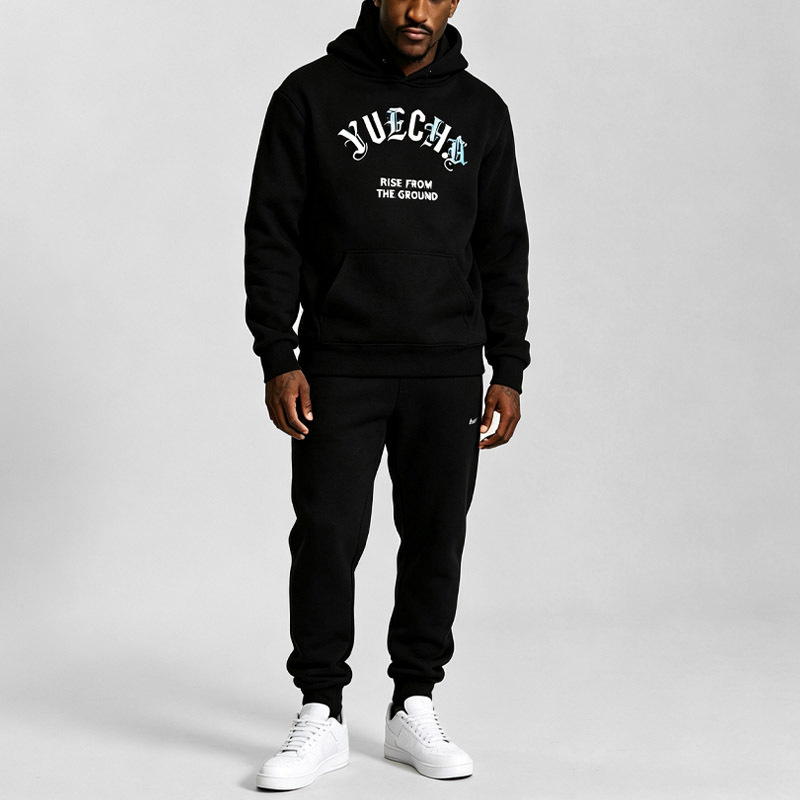 Custom Men's Winter Streetwear Regular Fit Pullover Hoodie Tracksuit Eco-friendly 440 Grams Fleece Screen Print Cuffed Jogger