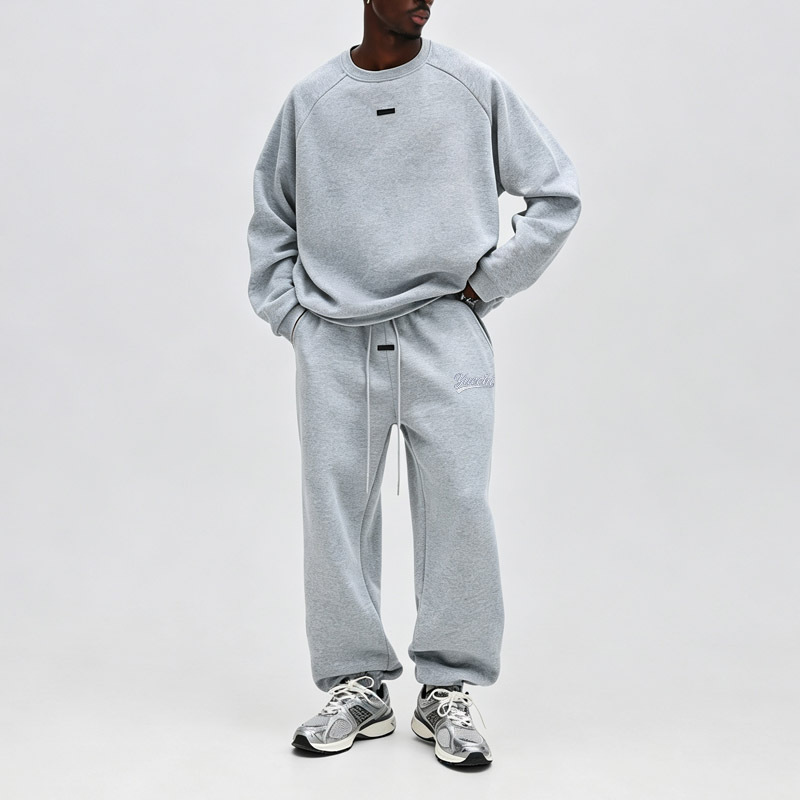 Men Heather Grey Fleece Lined Tracksuit Raglan Sleeve Crew Neck Sweatshirt Cuffed Jogger Pants Embroidered Casual Streetwear