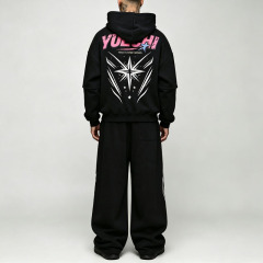 Custom Screen Print Faux Layer Boxy Wide Leg 100% Cotton French Terry 2 Pieces Black Men's Streetwear Tracksuit Set