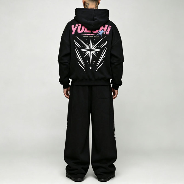 Custom Screen Print Faux Layer Boxy Wide Leg 100% Cotton French Terry 2 Pieces Black Men's Streetwear Tracksuit Set