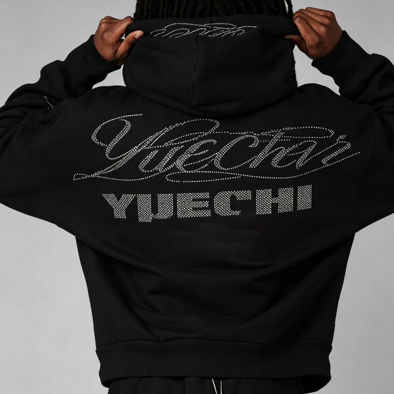 Custom Men Pullover Tracksuit 500G 100% Cotton French Terry Rhinestone Embroidery Oversized Hoodie Knee Length Shorts Streetwear