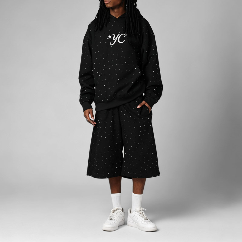 Custom Mens Hooded Pullover Tracksuit 100% Cotton French Terry Full Rhinestone Embroidered Oversized Hoodie Shorts Two Piece Set