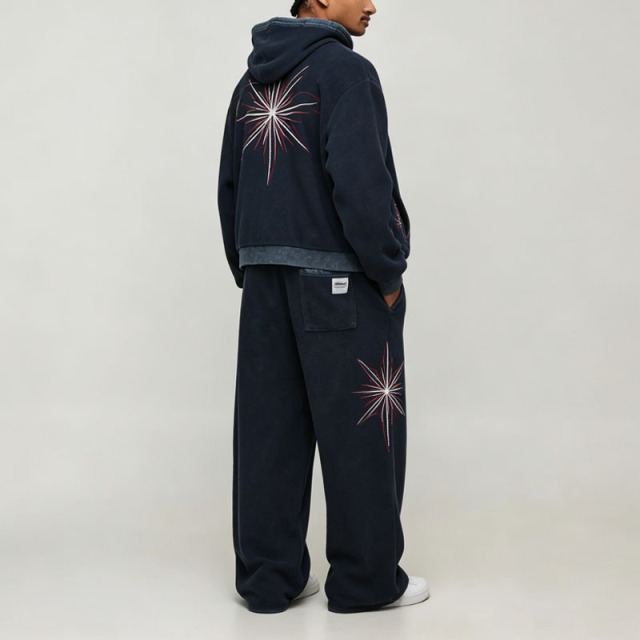 Custom Men's Cropped Zip up Hoodie Wide Leg Jogger Tracksuit Vintage Washed Fleece Star Embroidery Streetwear Two Piece Outfit