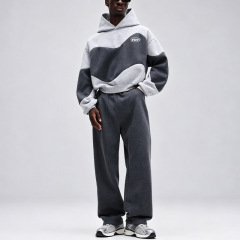 Men Color Block Cropped Tracksuit 100% Cotton French Terry Boxy Drop Shoulder Loose Fit Hoodie Wide Leg Embroidered Streetwear