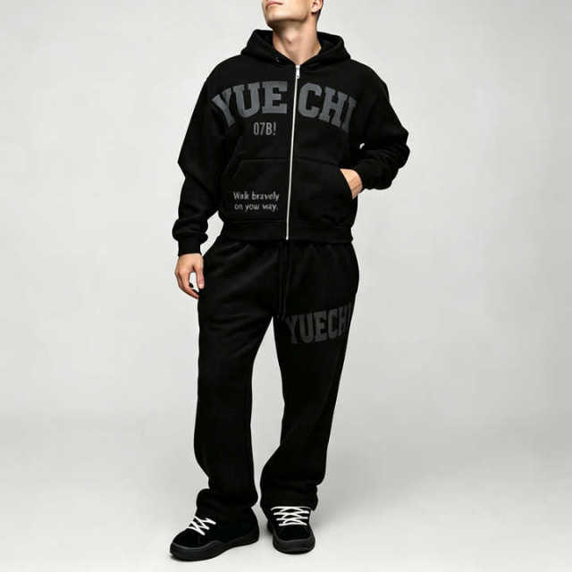 Custom Screen Print 100% Cotton Fleece Winter 2 Pieces Full Zip Boxy Fit Baggy Cropped Black Durable Men's Streetwear Tracksuit