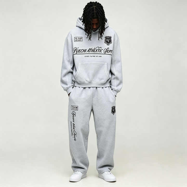 Custom Screen Print Applique Contrast Stitching 2 Pieces Boxy Cropped Wide Leg Urban Grey Men's French Terry Hoodie Tracksuit
