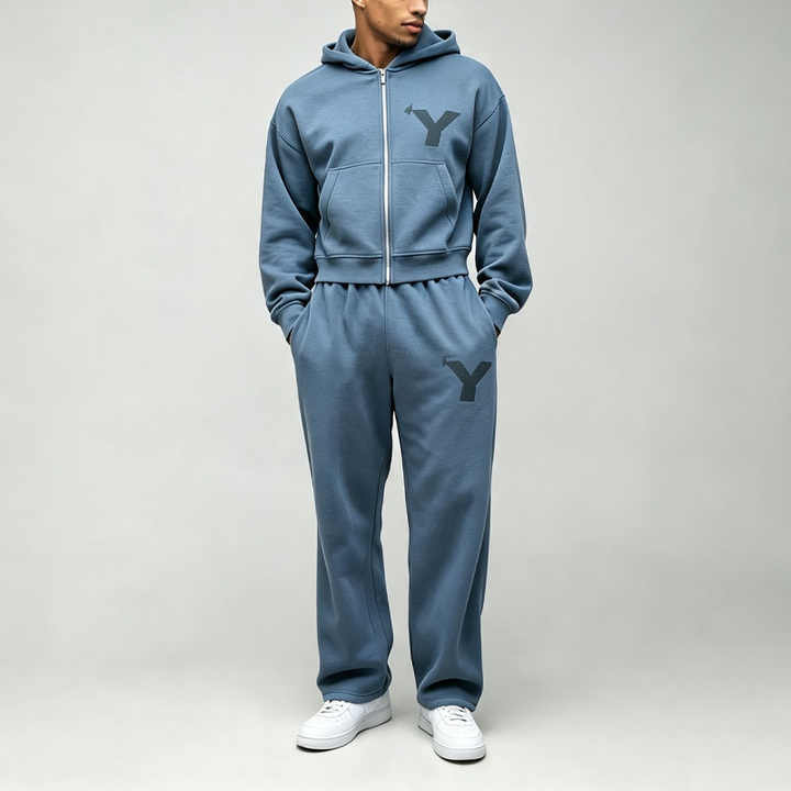Custom DTG Printed 2-Piece Boxy Fit Cropped Full-Zip Wide-Leg Steel Blue French Terry Men's Heavyweight Winter Streetwear