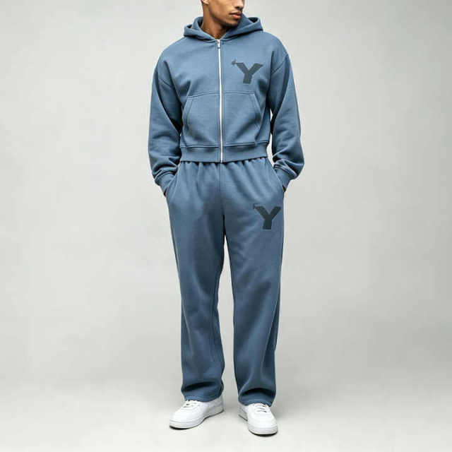 Custom DTG Printed 2-Piece Boxy Fit Cropped Full-Zip Wide-Leg Steel Blue French Terry Men's Heavyweight Winter Streetwear