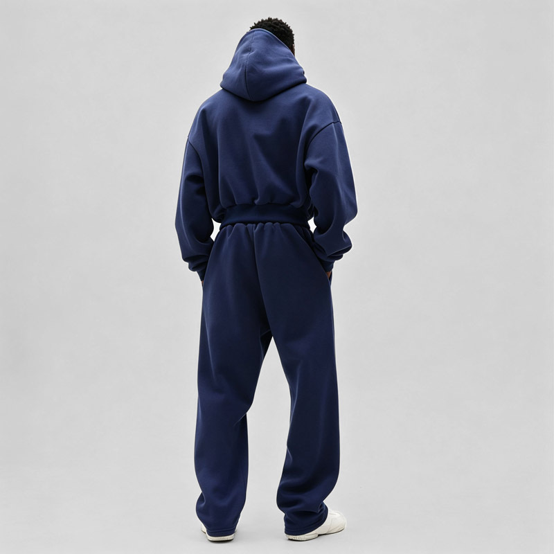 Men Navy 100% Cotton Fleece Tracksuit Applique Embroidery Cropped Boxy Oversized Hoodie Wide Leg Sweatpants Winter Two Piece