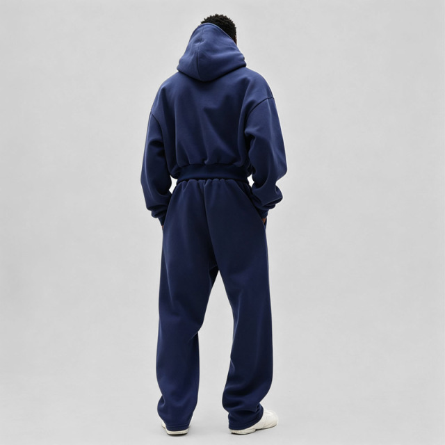 Men Navy 100% Cotton Fleece Tracksuit Applique Embroidery Cropped Boxy Oversized Hoodie Wide Leg Sweatpants Winter Two Piece