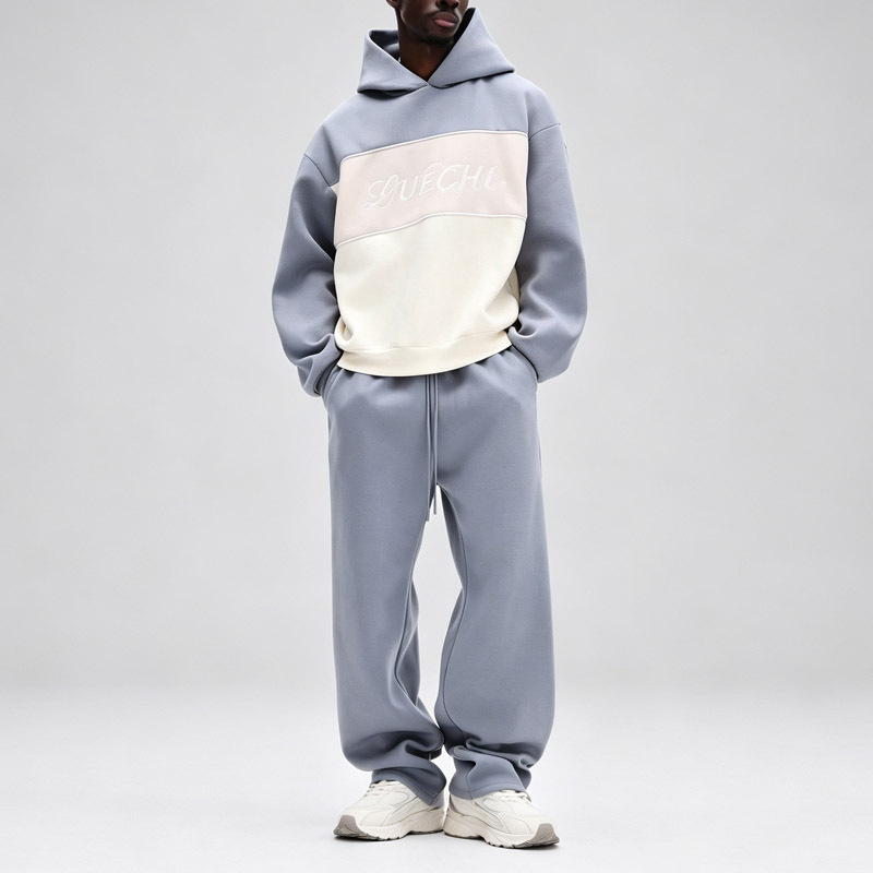 Men Color Block Fleece Lining Hooded Tracksuit Oversized Drop Shoulder Embroidery Elastic Drawstring Waist Streetwear 2 Piece