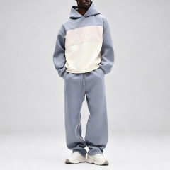 Men Color Block Fleece Lining Hooded Tracksuit Oversized Drop Shoulder Embroidery Elastic Drawstring Waist Streetwear 2 Piece