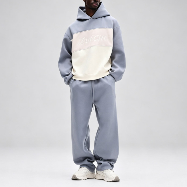 Men Color Block Fleece Lining Hooded Tracksuit Oversized Drop Shoulder Embroidery Elastic Drawstring Waist Streetwear 2 Piece