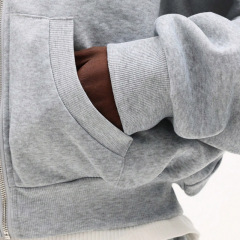Custom Men Heather Grey Heavyweight French Terry Cropped Boxy Full Zip Hoodie Wide Leg Sweatpants Streetwear Tracksuit Set