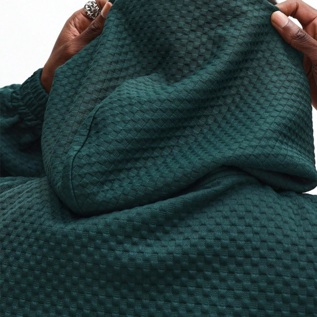 Custom Men Dark Green 3D Bubble Waffle Jacquard Tracksuit Screen Printing Oversized Hoodie Wide Leg Sweatpants Streetwear