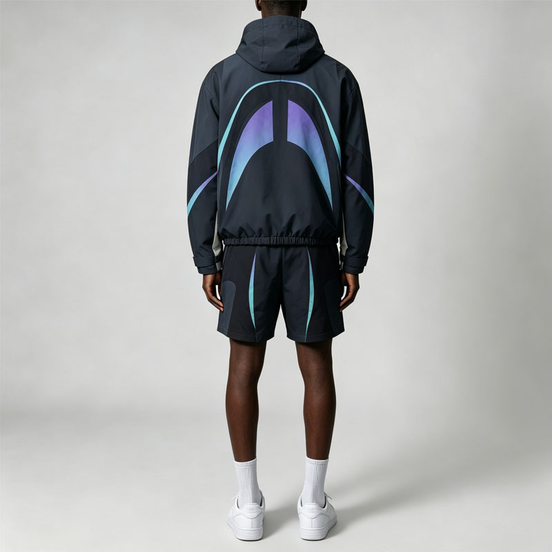 Custom Men Woven Tracksuit Gradient Screen Print Hooded Jacket and Short Set Hook and Loop Fastener Streetwear 2 Piece Sets