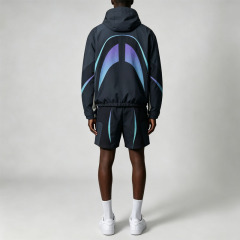 Custom Men Woven Tracksuit Gradient Screen Print Hooded Jacket and Short Set Hook and Loop Fastener Streetwear 2 Piece Sets