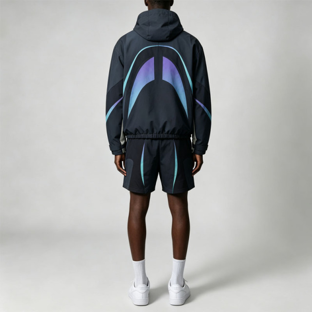 Custom Men Woven Tracksuit Gradient Screen Print Hooded Jacket and Short Set Hook and Loop Fastener Streetwear 2 Piece Sets