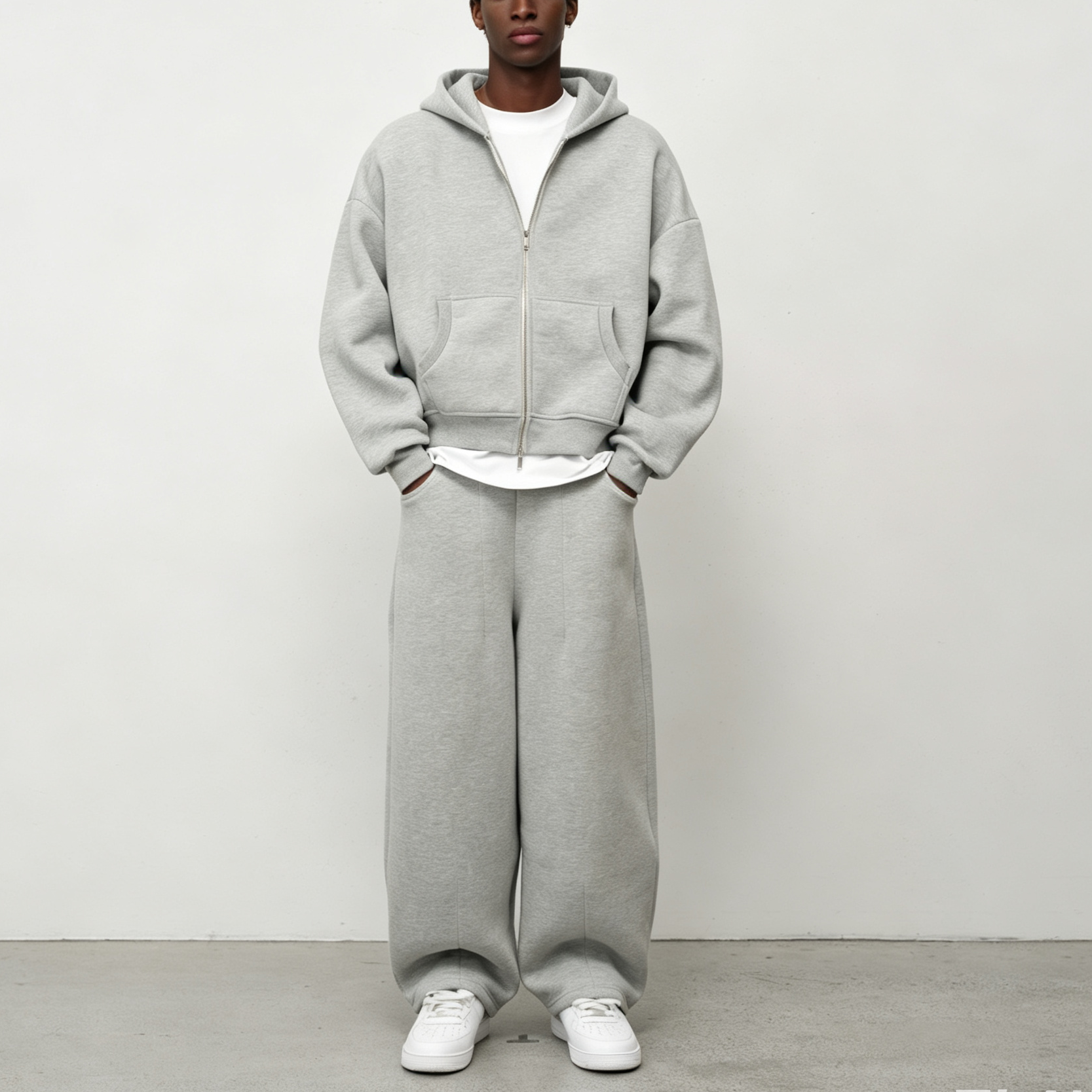 Custom Made Heavyweight Cotton High Density Ash Grey Boxy Cropped Two Way Zipper Blank Hooded Men's Solid Tracksuit